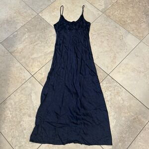 Vintage Be Smart Maxi Dress Women 13/14 Navy Blue Velvet Floral Flocked Slip 90s
